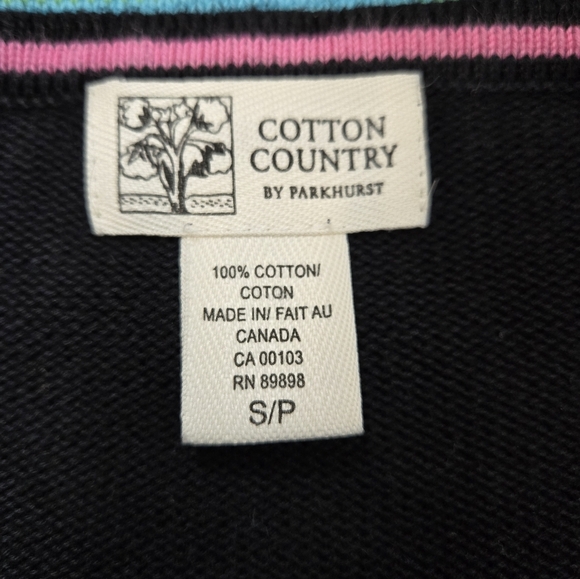 Parkhurst Cotton Country Square Neck Black Sweater Pink Heart and Stripes. Small - Picture 8 of 10